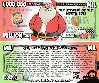 Lot of 25 Cartoon Santa Million Dollar Bill Fun Money Gospel Tract Novelty Notes
