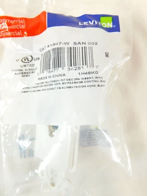 41647-W Decora Insert HDMI Feedthrough QUICKPORT Connector Single Gang White - Image 1 of 4