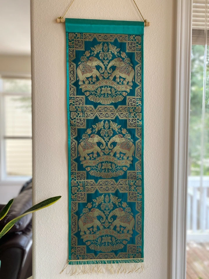 Wall Decor Green Wall Hanging Silk Tapestry Brocade Boho Ready Home Decor Gift - Image 1 of 1