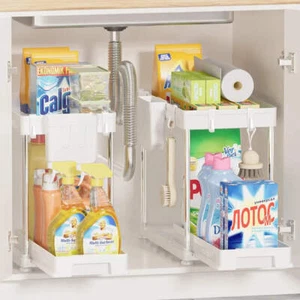 White Under Sink Organizers, 2 Pack Multi-Purpose Pull-out Bathroom Organizers a - Picture 1 of 7