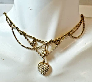 Victorian 14k Yellow Gold tested Choker Dangle Heart Pearl Diamond 7.7g Necklace - Picture 1 of 7