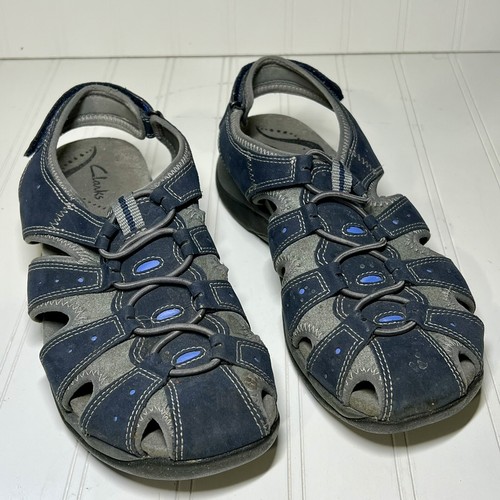 Sandali Clarks outdoor in pelle 80202 blu navy slip on elastici donna 9 5