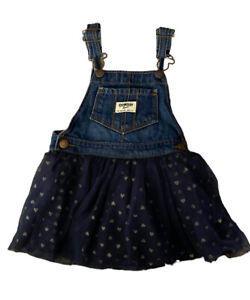 OshKosh B'Gosh 3T Toddler Girls Denim Navy Blue Overalls Dress Tulle Hearts