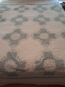 Quilt Queen Blue Gingham Batenburg Lace VTG 80 X 82 Cotton - Picture 1 of 4
