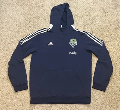 Seattle Sounders 阿迪达斯海军蓝旅行连帽衫,尺寸 M,穿 — 第 1/4 张图片