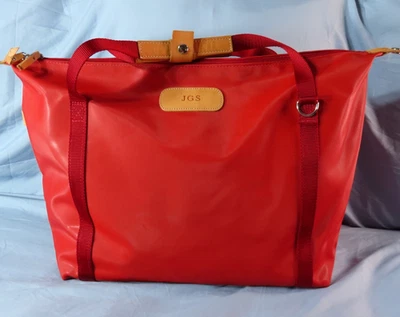 JON HART DESIGN Red Coated Canvas Duffle Bag 22" TAN LEATHER TRIM Monogrammed - Image 1 of 4