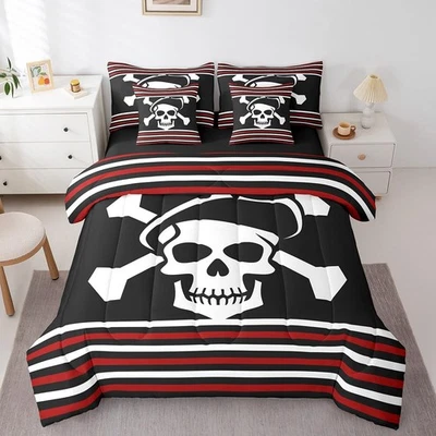 Conjunto de edredom pirata 7 peças tamanho completo, conjunto de cama caveira náutica para crianças meninos... - Imagem 1 de 4