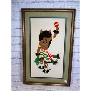 Vintage Framed Crewel Embroidery Framed Picture Native American Man - Picture 1 of 9