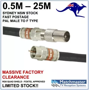 Black RG6 Quad Shield Coax Cable - 0.5m - 25m PAL Male To F Type Male TV Antenna - Picture 1 of 1
