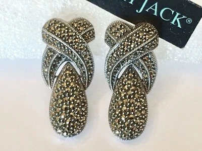 New JUDITH JACK Sterling Silver 1.5” Hinged Marcasite Omega Back Earrings 28 Gr. - Image 1 of 4