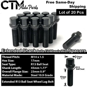 20x Black 14x1.5 Ball Seat Extend Lug Bolts 45mm Shank Fit 15mm-20mm Spacer Rim - Picture 1 of 5