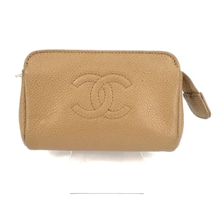 CHANEL Cosmetic Pouch Small Cavior Skin Leather Beige Authentic - Picture 1 of 23