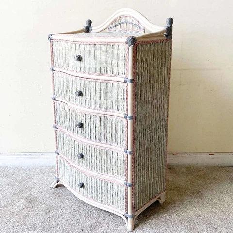 Boho Chic Wicker Off White Pink and Gray Highboy Dresser Cover