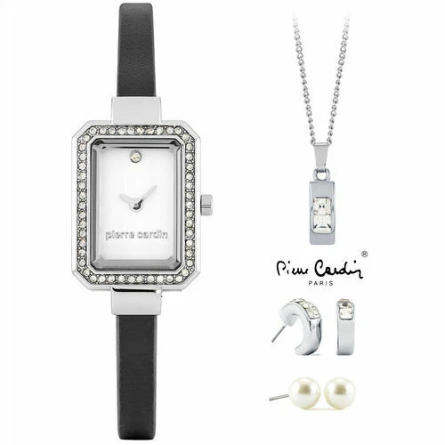 Set Orologio Donna Acciaio Pelle PIERRE CARDIN Collana 2 Paia di Orecchini Perle - Immagine 1 di 1