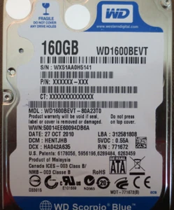 WD1600BEVT-80A23T0 WESTERN DIGITAL Scorpio Blue Hard Drive 160GB 2.5" Sata 3Gb/s - Picture 1 of 2