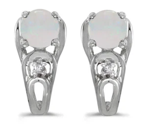 14k White Gold Round Opal And Diamond Earrings - Picture 1 of 2