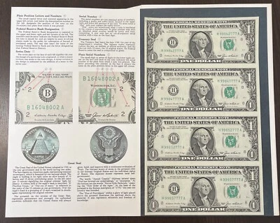 1985 Uncut Sheet of 4 $1 Bureau of Engraving and Printing (2) - Image 1 of 4