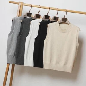 Women Knit Sweater Vest Girls Pullover Knitwear Round Neck Sleeveless Casual Top - Picture 1 of 26