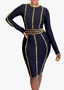 CUTUBLY Women's Black Bodycon Mini Dress Gold Hot Drilled Sequines Runs Small -S - Picture 1 of 5