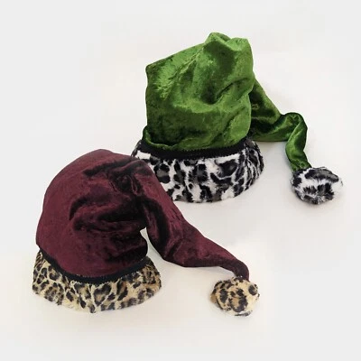 Long Luxury Santa Hat with Animal Print Plush Sherpa Trim - Image 1 of 4