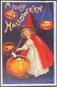 Mädchen Hexe roter Hut Jack-O-Lantern Kessel-Ellen Clapsaddle Halloween Postkarte - Bild 1 von 2