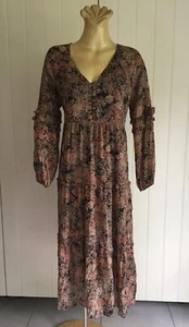 DRESS Brown floral Log sleeve Tiered Tokito Sz 12 Frills Midi Hippie Boho Chic - Picture 1 of 7