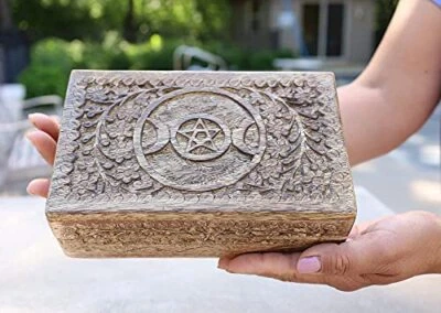  Hand Carved Jewelry Trinket Keepsake Wooden Storage Box () Large Triple Moon - Image 1 of 4