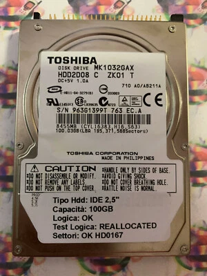 Hard Disk Usato IDE 2,5" 100GB TOSHIBA MK1032GAX HDD2D08 C ZK01 T - Immagine 1 di 4