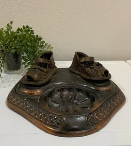 Vtg 1940’s Metal Baby Girl Shoes Trinket Tray Copper Bronze Display Sculpture - Picture 1 of 8