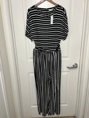 NWT Chico’s Striped Black/White Jumpsuit Belted Short Sleeve Size 3 - Image 1 of 4