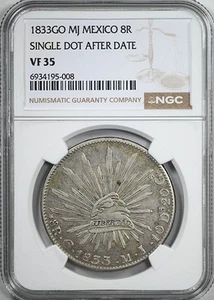 1833 GO MJ Mexico 8R Reales Single Dot After Date NGC VF35 - Picture 1 of 5