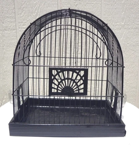 Vintage Crown Humpback Dome Bird Cage Metal Jacket Side Glass Seed Water Cups Cover