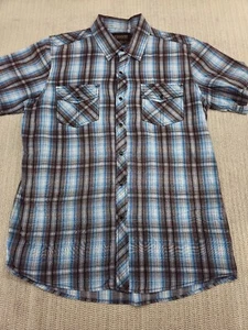 No Boundries Pearl Snap Shirt Mens Large Blue Black Gray Plaid Short Sleeve - Picture 1 of 8