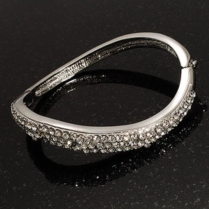 Rhodium Plated Curved Diamante Bangle Bracelet - Up to 17cm (For Smaller Wrists) - Picture 1 of 4
