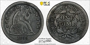 1858-S Seated Liberty Silver Dime PCGS Genuine Environmental Damage XF Details - Picture 1 of 5