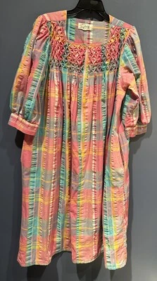 Vintage Saybury Midi Dress Medium Rainbow Plaid Seersucker House Coat Zip Up 60s - Image 1 of 4