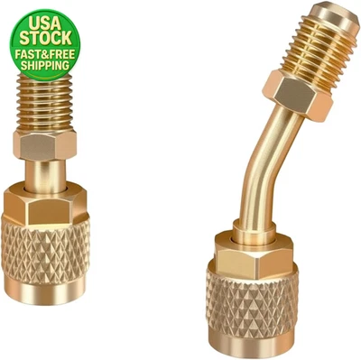 Adaptador R410A 5/16 SAE hembra a 1/4 macho acampanado ángulo recto montaje HVAC Foto 1 de 4