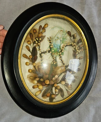 Cadre reliquaire Napoléon III bois noirci & verre bombé Bouquet fleurs d'oranger - Photo 1/4