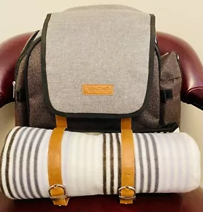 VonShef 4 Person Woven Gray Picnic Backpack With Blanket & Cooler Compartment - Picture 1 of 11