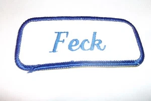 FECK USED EMBROIDERED SEW ON NAME PATCH TAG BLUE ON WHITE - Picture 1 of 1