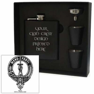 Art Pewter MacKay Clan Crest Black 6oz Hip Flask Box Set HF6 B S-C64 Scottish - Picture 1 of 3