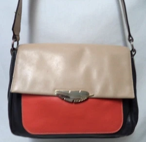 TOUS Vintage Leather Color-block Shoulder Bag Purse gold Leaf gray cream orange - Imagen 1 de 17