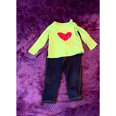 1 OUTFIT (Lot of 2) 12 months girl green long-sleeve top Arizona and dark denim - Image 1 of 3