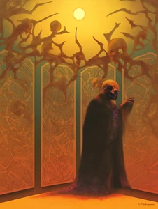 Cloaked Skeleton Among Twisting Bone-Like Growths Under Fiery Sun Poster 18x24in - Picture 1 of 1