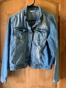 Junior’s Destroyed Highway Jeans Denim Jacket Light Wash sz L - Picture 1 of 6