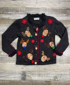 Jack B Quick Sweater Womens PP Petites Black Reindeer Christmas Holiday Pullover - Picture 1 of 11