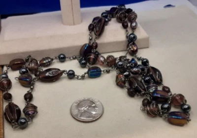 Collar De Colección Ciruela Oscura Negro Vidrio Cuentas con Inserciones de Tono Plateado 54 en A859 Foto 1 de 4