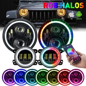 7Inch RGB LED Headlights + 4" Fog Lights Combo Kit For 07-18 Jeep Wrangler JK - Picture 1 of 11