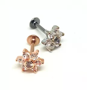Flower Tragus labret bar Crystal Gem Helix Bar Cartilage Ear Earring Flat End - Picture 1 of 5