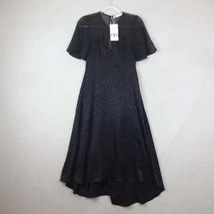 Zara Dress Extra Small Black Jacquard Leopard Print Midi Evening Party - Picture 1 of 7